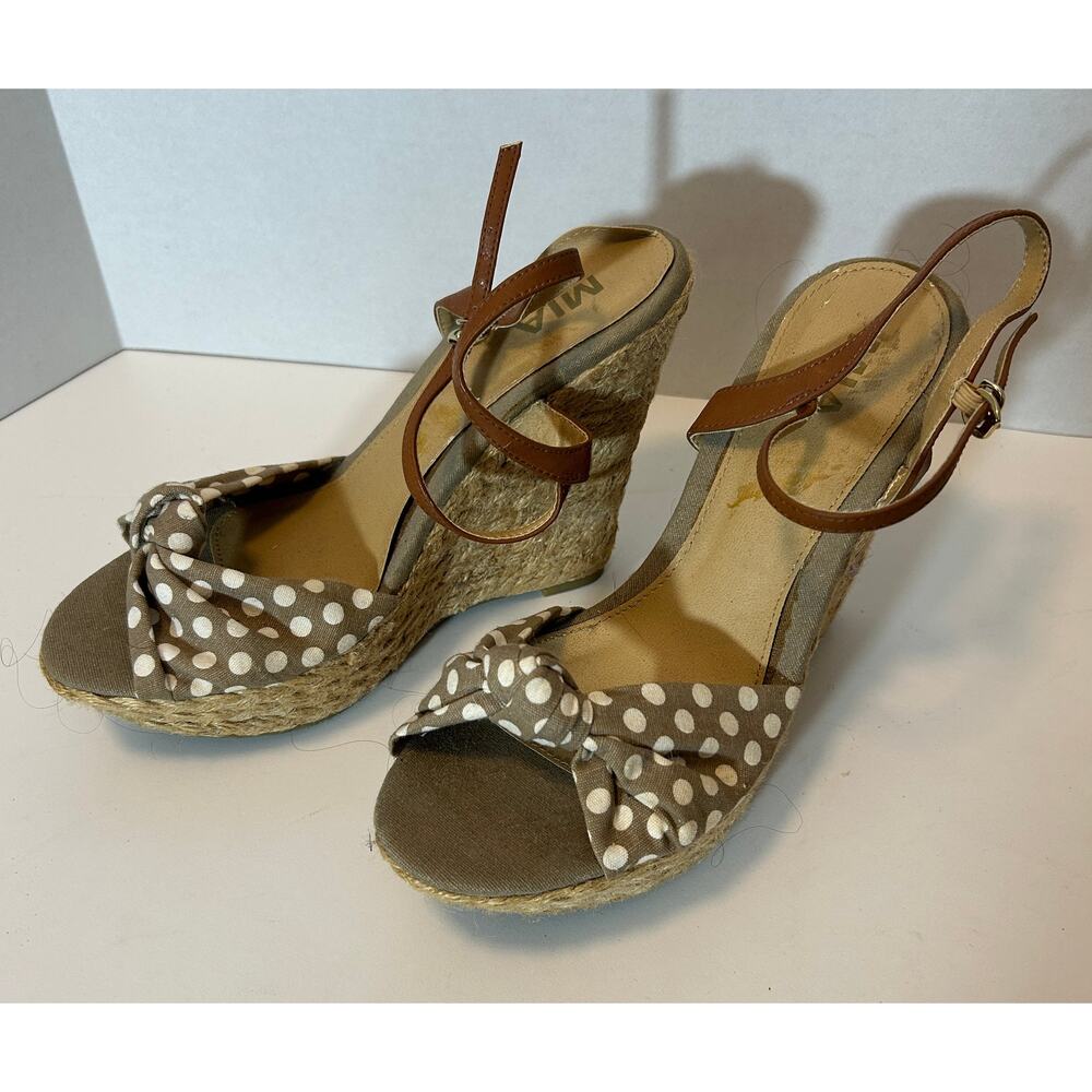 MIA Brown Polka Dot Espadrille Wedge Sandals – Boho Chic, Size 10